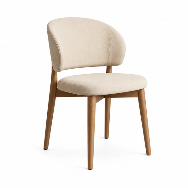 Esszimmerstuhl gepolstert Stoffbezug Beige Holzgestell Eichenholzoptik geschwungene Rückenlehne 48 cm 55 cm 85 cm