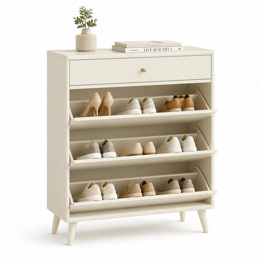 Schuhschrank 100 cm x 100 cm x 24 cm MDF Beige rechteckig mit Schublade und 3 Klappfächern schmal