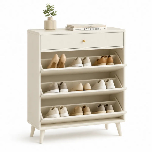 Schuhschrank 100 cm x 100 cm x 24 cm MDF Beige rechteckig mit Schublade und 3 Klappfächern schmal