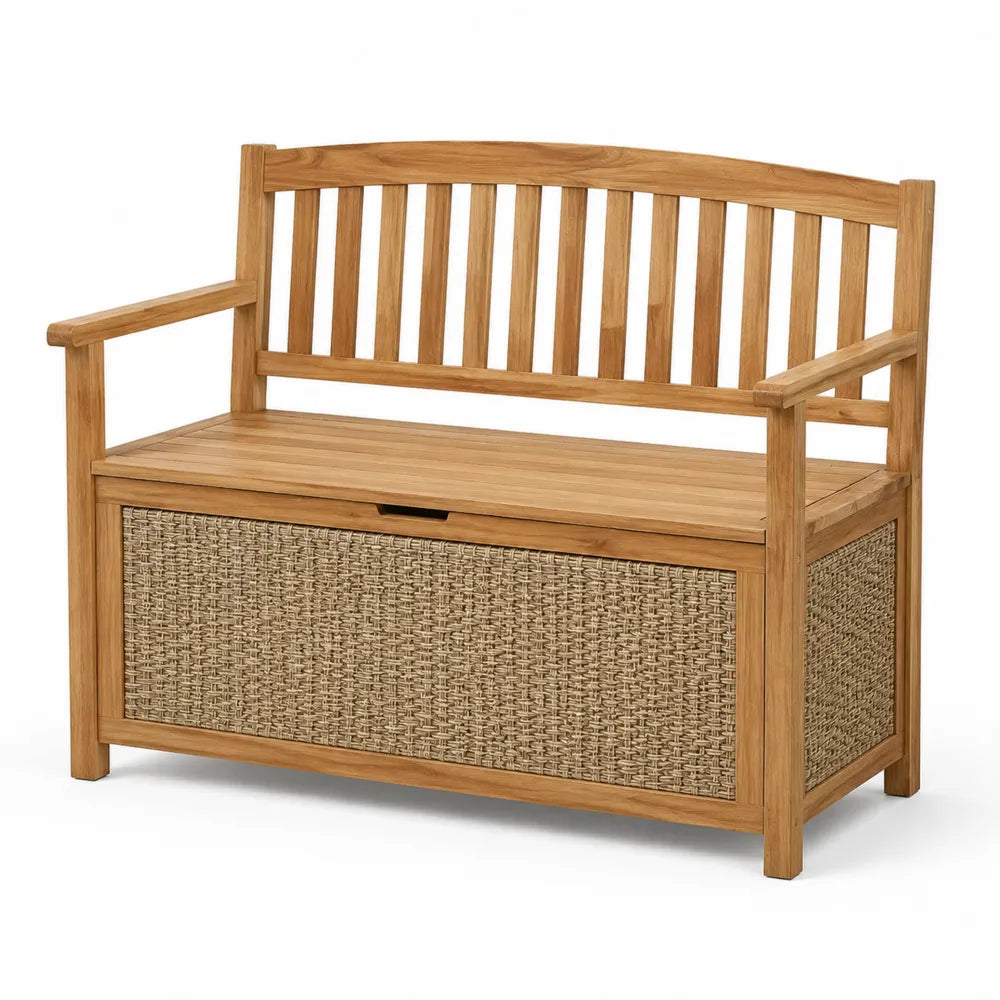 Gartenbank mit Stauraum 120 cm x 60 cm x 90 cm Holz Natur mit Rückenlehne und Rattanfront rechteckig