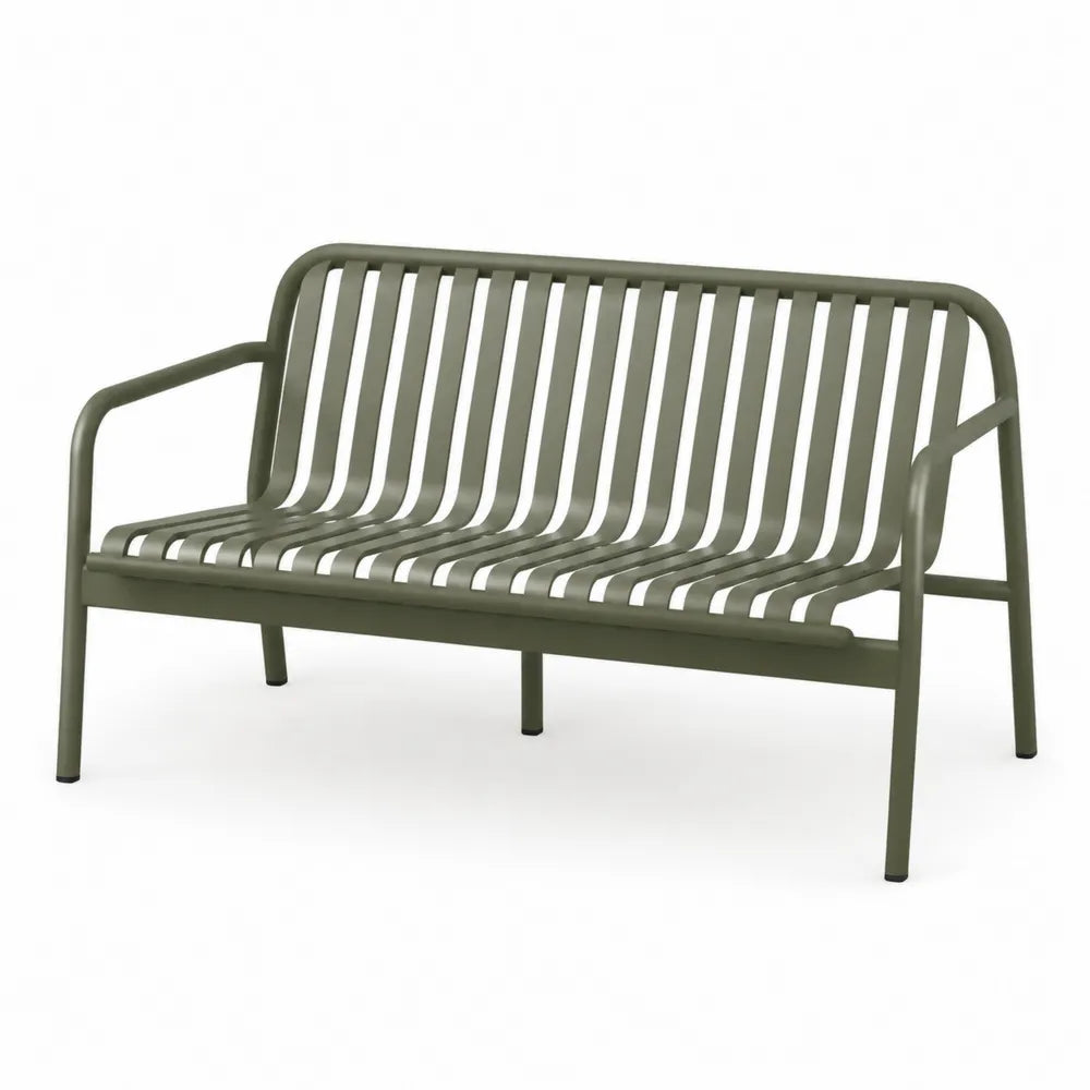 Gartenbank 2-Sitzer Stahl pulverbeschichtet Latten Design Olivgrün 130 cm x 60 cm x 75 cm rechteckig mit Armlehnen