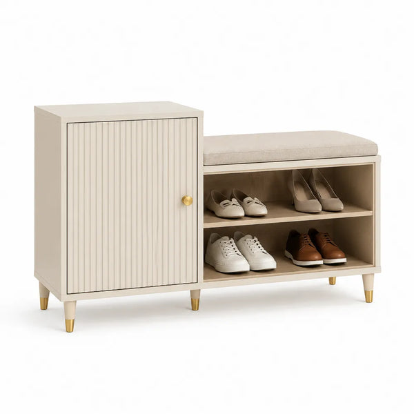 Schuhschrank mit Sitzbank 100 cm x 35 cm x 50 cm MDF Spanplatte Cremeweiß Naturholz Gold rechteckig mit Sitzpolster und Ablagefach