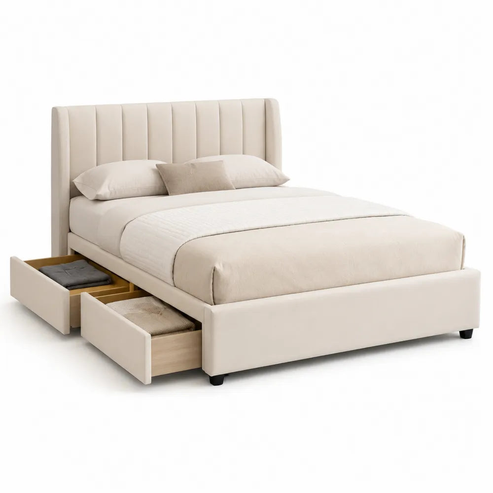 Stauraumbett Polsterbett 160 x 200 cm mit Bettkästen Schubladen Stoffbezug Beige Holzrahmen Metallgestell