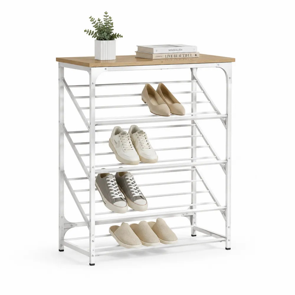 Schuhregal freistehend Metall Weiß Holzwerkstoff Holzoptik mit 4 Ebenen rechteckig mit Ablage oben