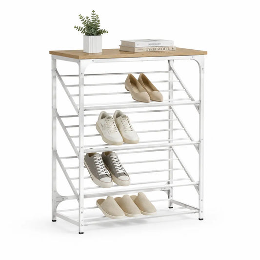 Schuhregal freistehend Metall Weiß Holzwerkstoff Holzoptik mit 4 Ebenen rechteckig mit Ablage oben