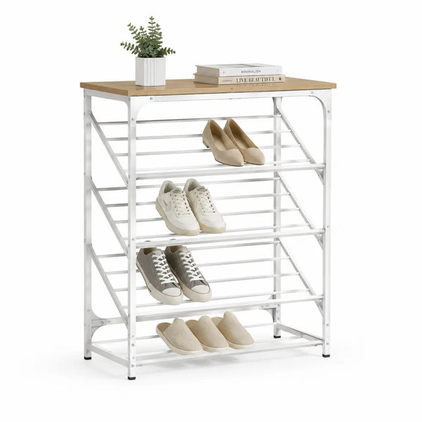 Schuhregal freistehend Metall Weiß Holzwerkstoff Holzoptik mit 4 Ebenen rechteckig mit Ablage oben