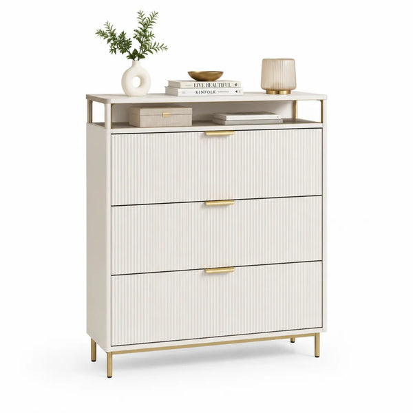 Schuhschrank 100 cm x 24 cm x 120 cm mit 3 Schubladen und offenem Ablagefach MDF Cremeweiß Gold rechteckig