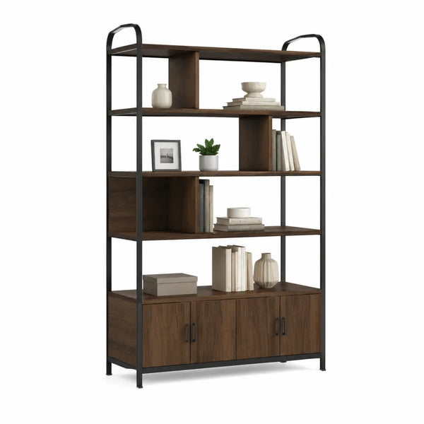 Bücherregal 120 cm x 180 cm x 35 cm mit Metallrahmen und Unterschrank Dunkelbraun Schwarz rechteckig