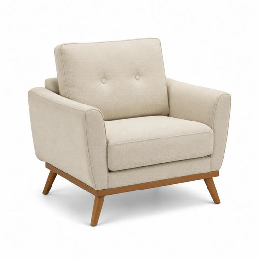 Sessel Polstersessel mit Armlehnen Polyesterstoff Beige Massivholz Eiche konische Holzbeine Knopfheftung Rückenlehne 75 cm x 82 cm x 88 cm