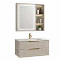 Badezimmermöbel Set 100 cm x 45 cm x 55 cm Waschtischunterschrank mit Spiegelschrank LED MDF Spanplatte Holzoptik Beige Gold rechteckig mit Stauraum
