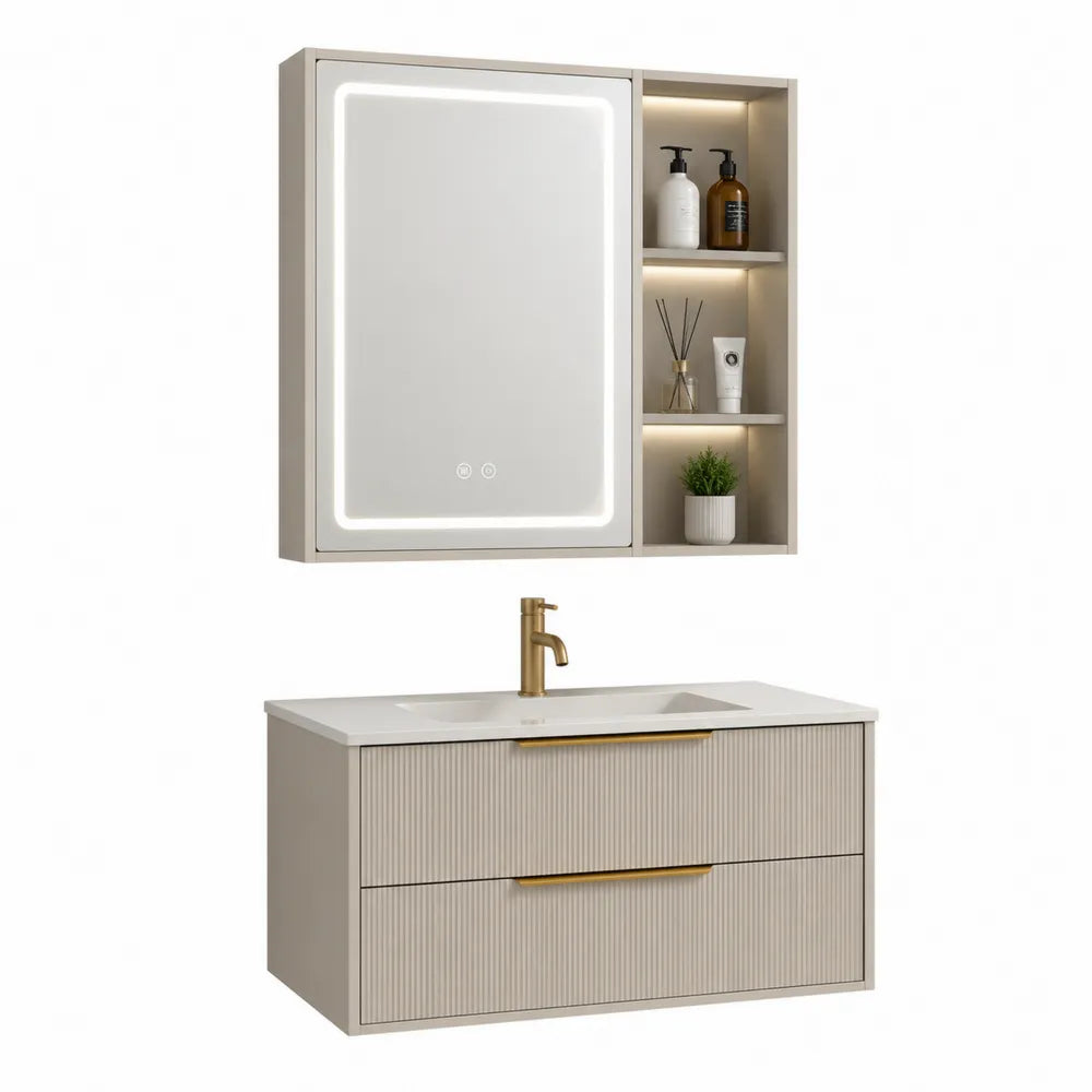 Badezimmermöbel Set 100 cm x 45 cm x 55 cm Waschtischunterschrank mit Spiegelschrank LED MDF Spanplatte Holzoptik Beige Gold rechteckig mit Stauraum