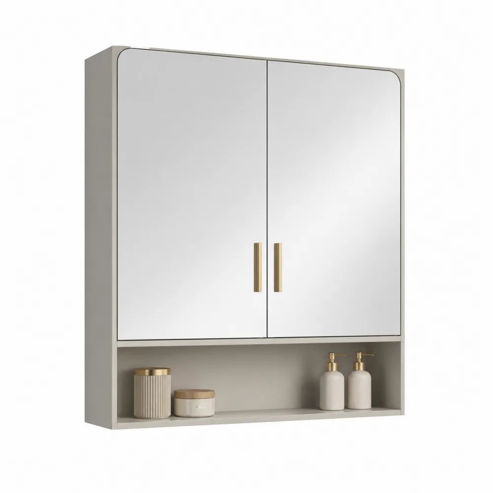 Spiegelschrank 70 cm x 15 cm x 70 cm MDF Spiegelglas Greige Weiß Gold 2 Türen mit offenem Ablagefach rechteckig