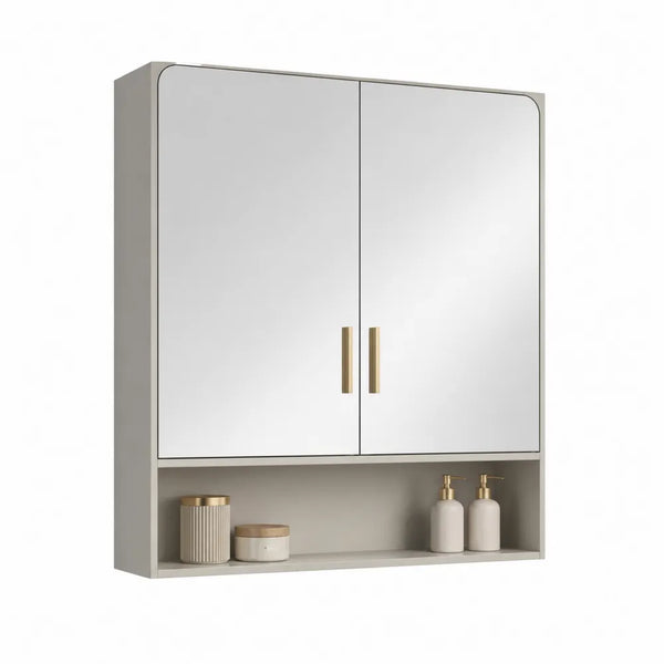 Spiegelschrank 70 cm x 15 cm x 70 cm MDF Spiegelglas Greige Weiß Gold 2 Türen mit offenem Ablagefach rechteckig