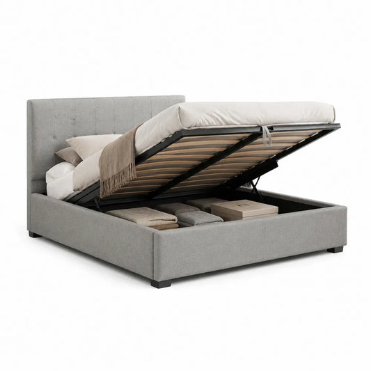 Polsterbett Stauraumbett Doppelbett rechteckig 180 x 200 cm Liegefläche Grau Stoff Holz Metall Lattenrost Bettkasten 190 x 215 x 105 cm